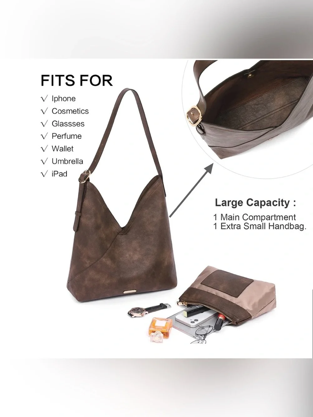 CLUCl Hobo Bag with Matching Cosmetic Pouch Vegan Leather V Design Designer Tote